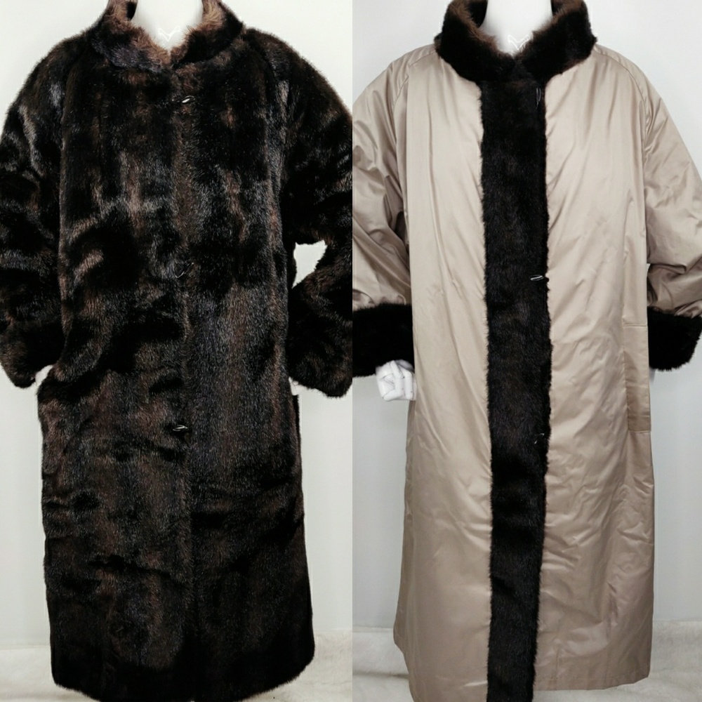 Vintage Faux Fur Reversible Trench Coat Mink Tan